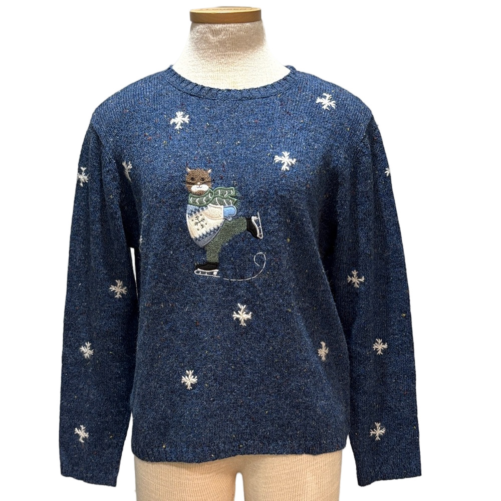 Christopher & Banks sz M wool blend hand embroidered sweater w/skating cat